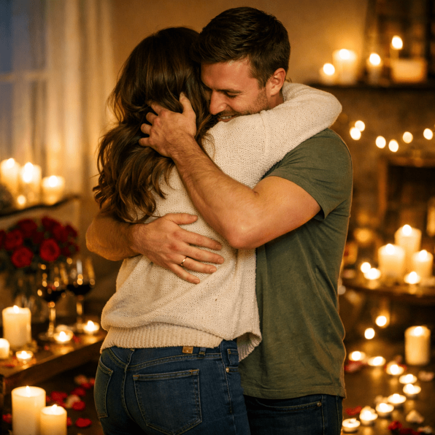 Couple hugging in cozy room with candles and red roses