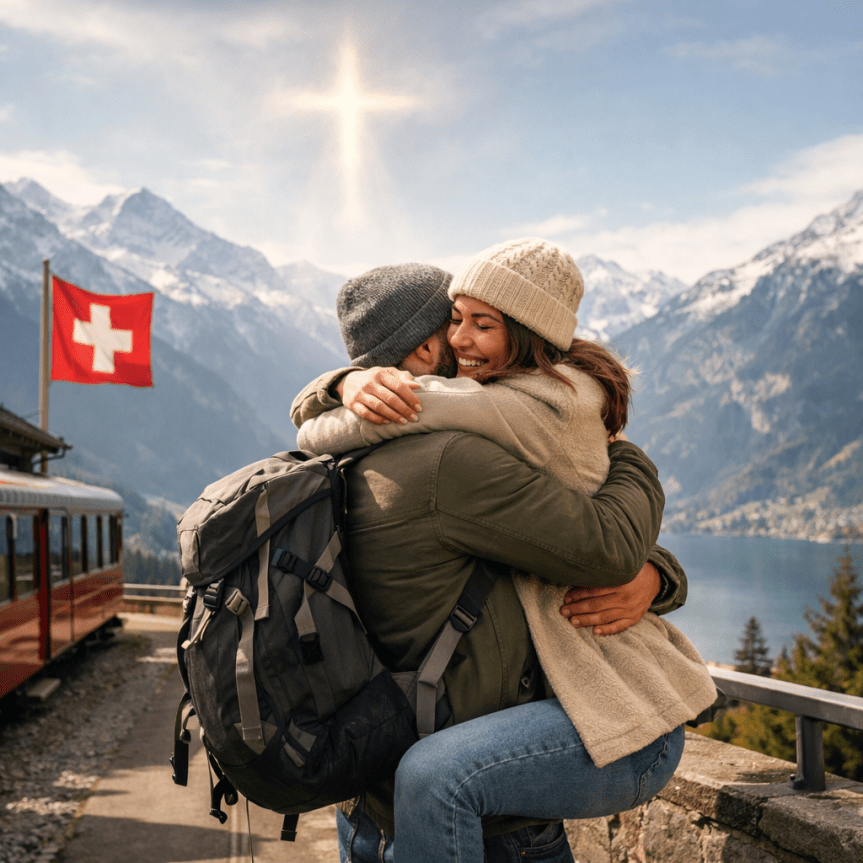 Couple hugging near a red train with Swiss flag and snowy mountains