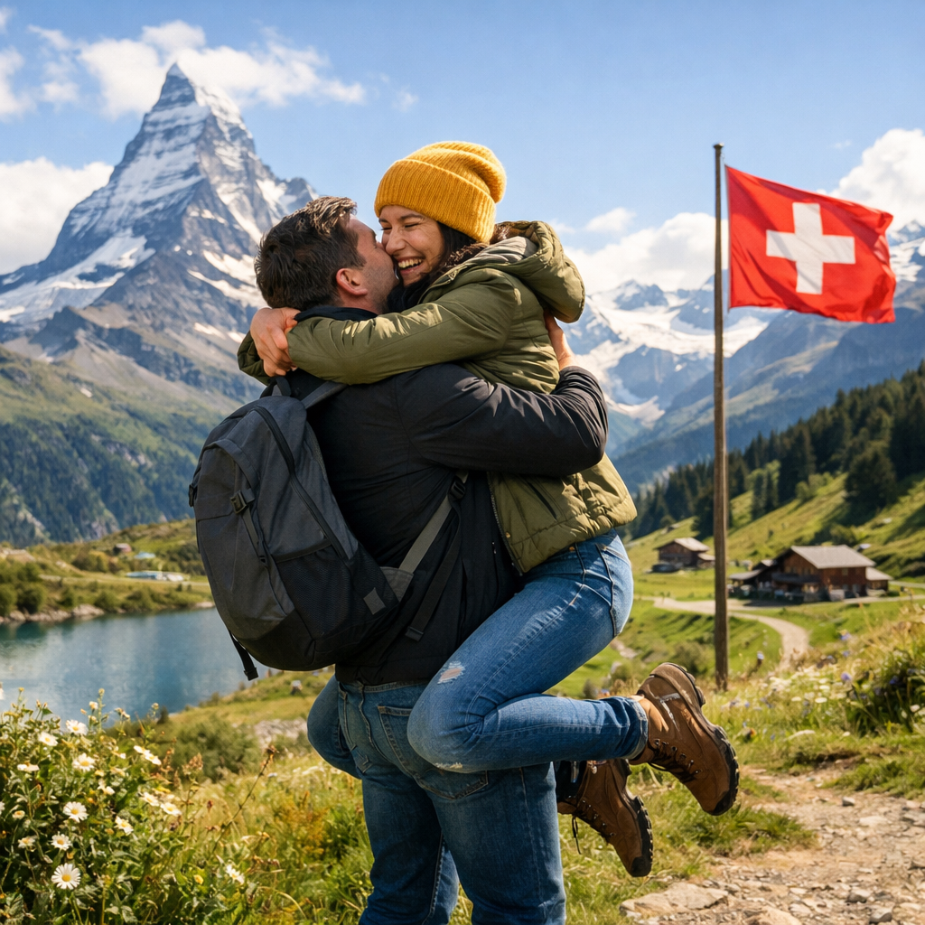 Couple hugging in front of the Matterhorn mountain and Swiss flag