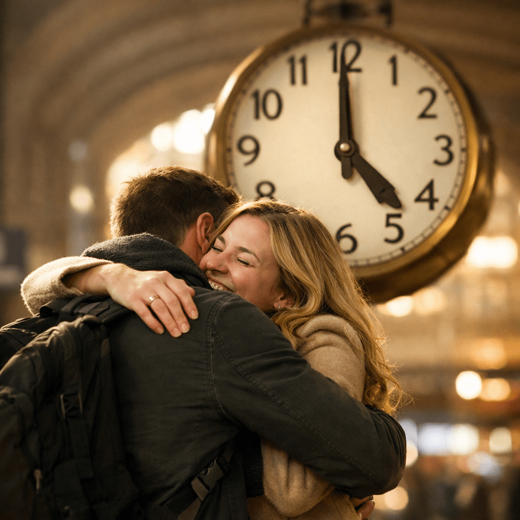Couple hugging happily under a large station clock showing 5:00