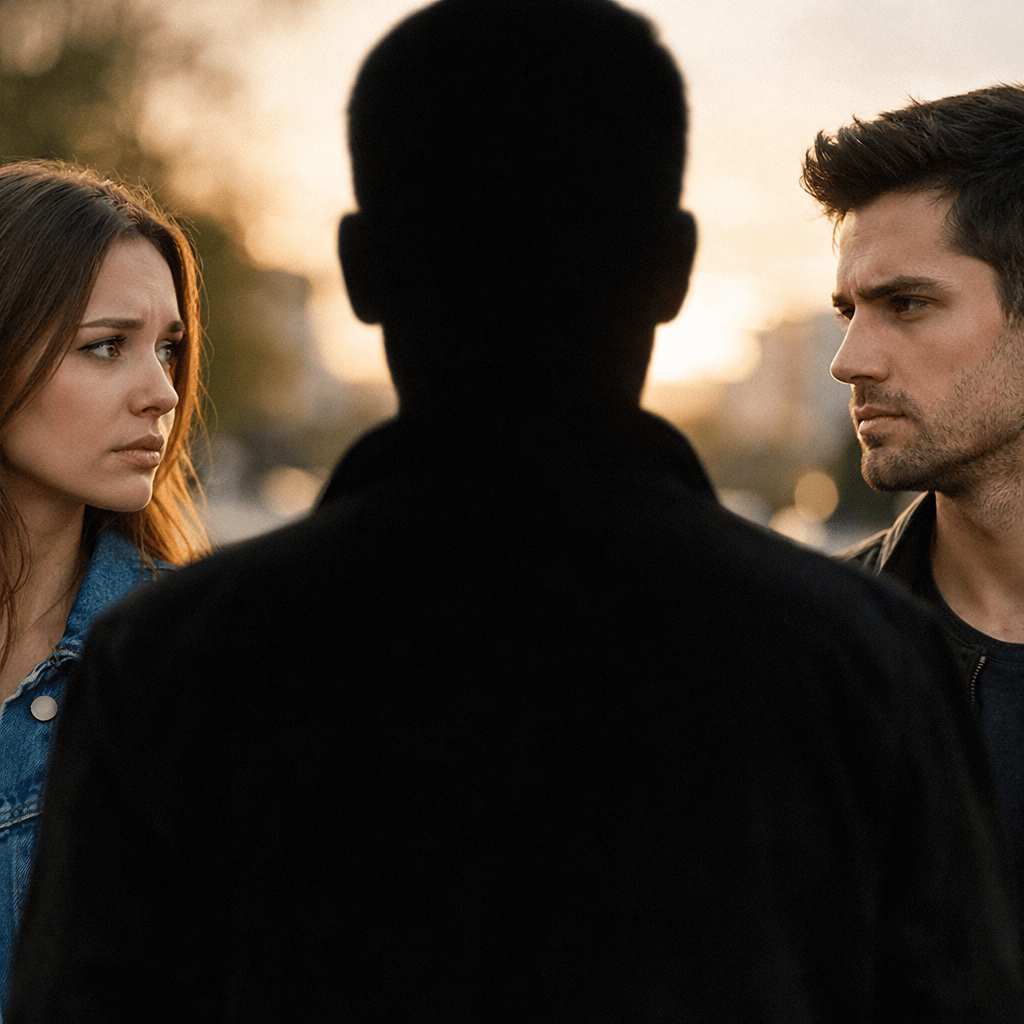 Young woman and man looking at each other with a third silhouetted person between them
