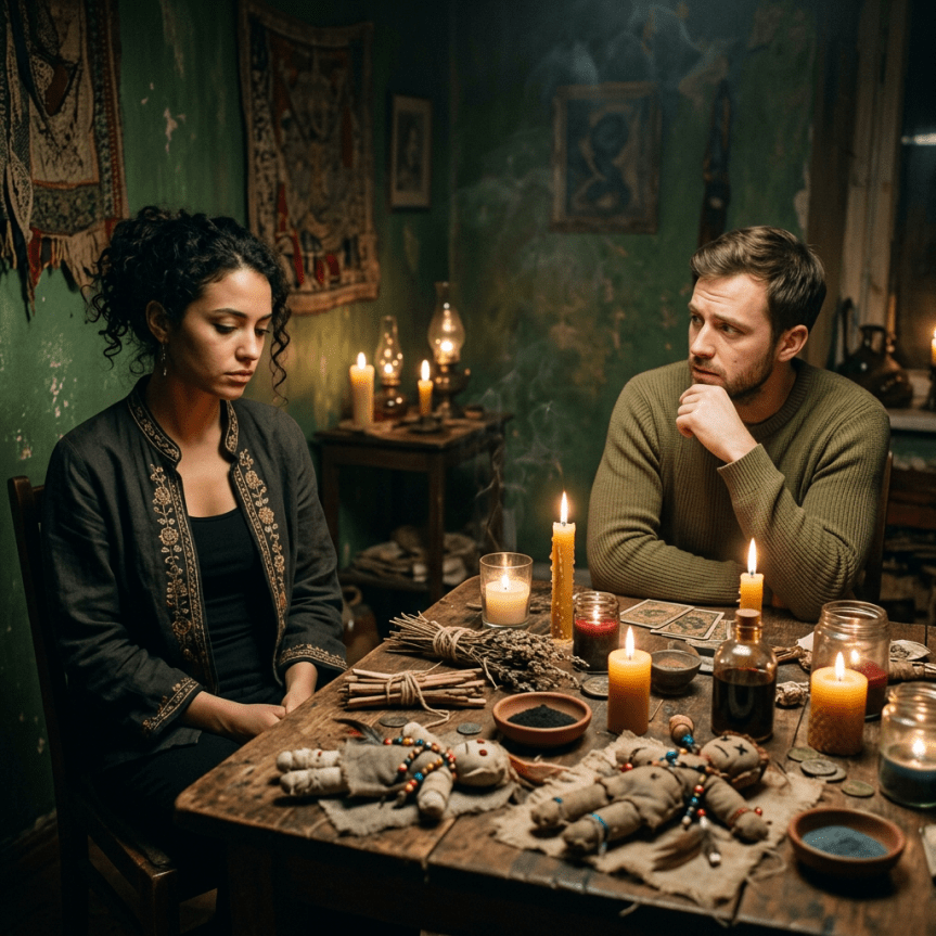 Man and woman sitting at a table with candles, voodoo dolls, tarot cards, and ritual items in a dimly lit room.