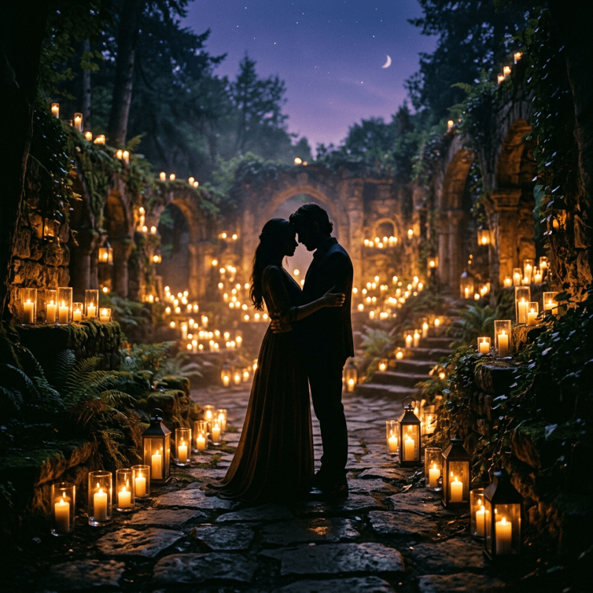 Couple embracing in a candlelit garden courtyard with a crescent moon overhead