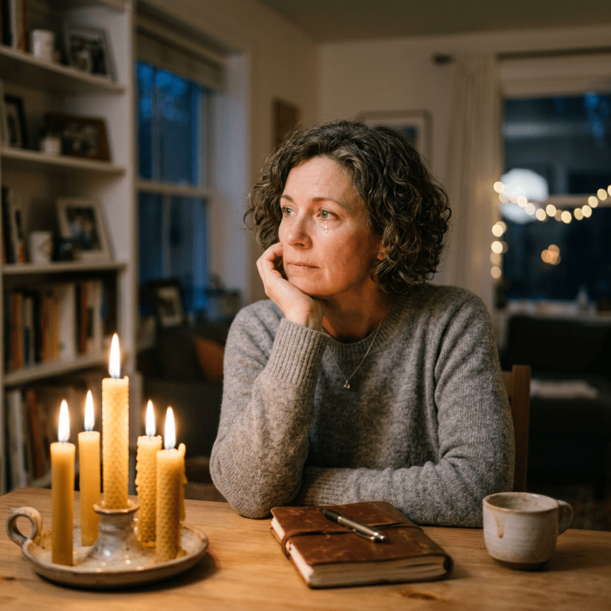 Woman with tear on cheek sitting at table with lit candles, journal, and cup